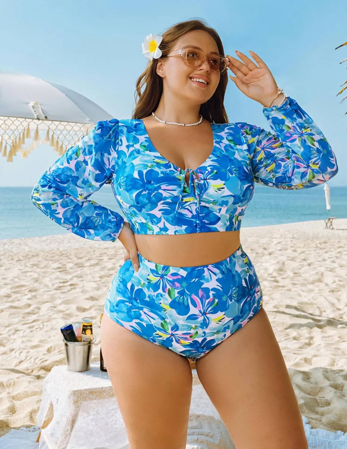 Hanna Nikole Women's Plus Size High Waist Bikini Set Tummy Control Swimsuits Long Sleeve Two Piece Swimsuit