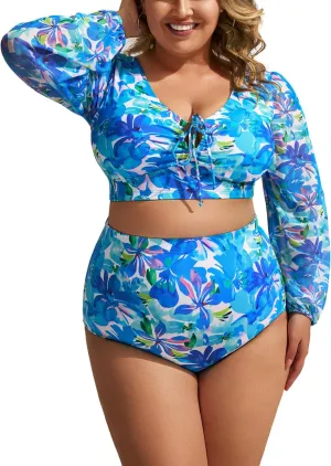 Hanna Nikole Women's Plus Size High Waist Bikini Set Tummy Control Swimsuits Long Sleeve Two Piece Swimsuit