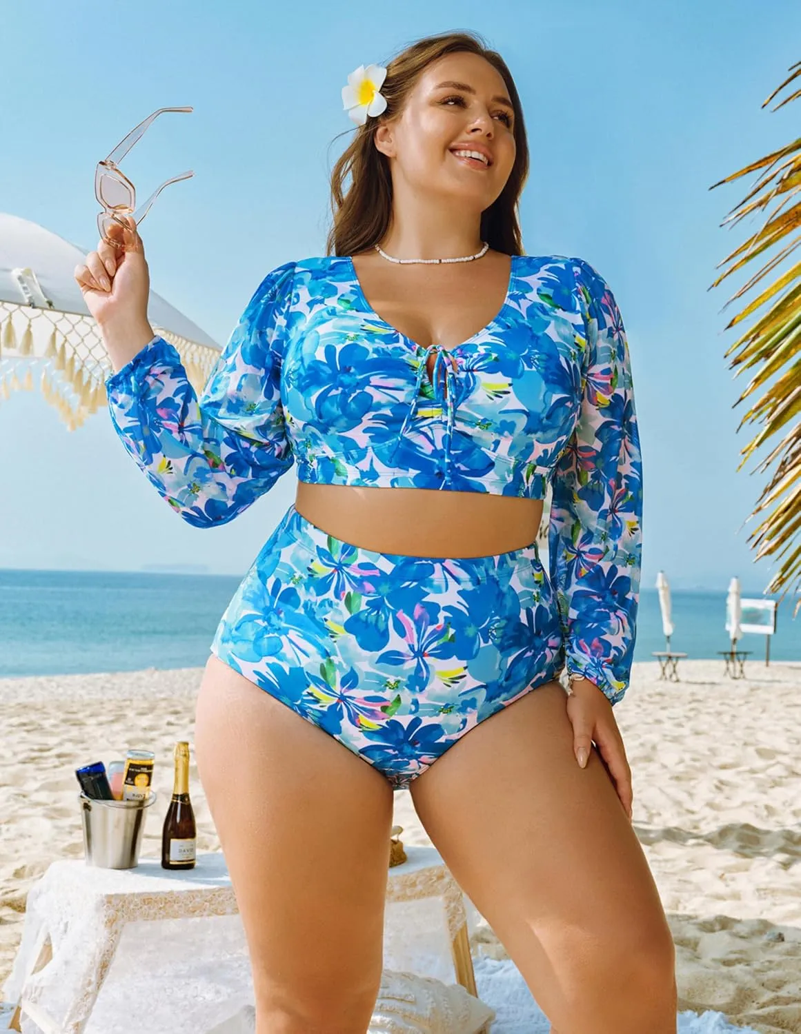 Hanna Nikole Women's Plus Size High Waist Bikini Set Tummy Control Swimsuits Long Sleeve Two Piece Swimsuit
