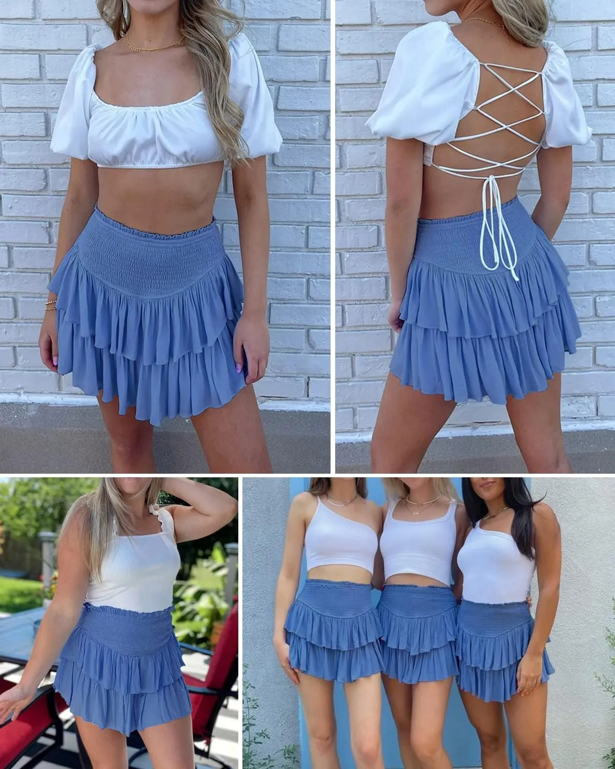 HOKOYI Women's Summer High Waist Smocked Ruffle Skirt Cute Flowy Layered Mini Skirt Skort Beach Casual