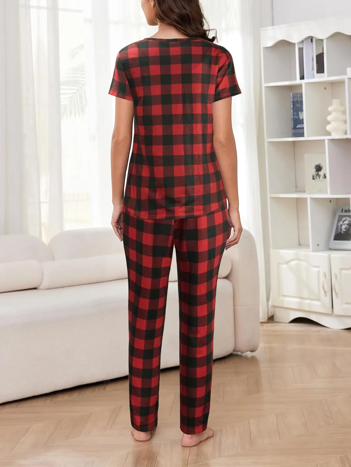 HONG HUI 2 Pack Womens Pajama Sets Short Sleeve with Long Pajama Pant Set Soft Sleepwear Printed Pj Lounge Sets S-XXXL