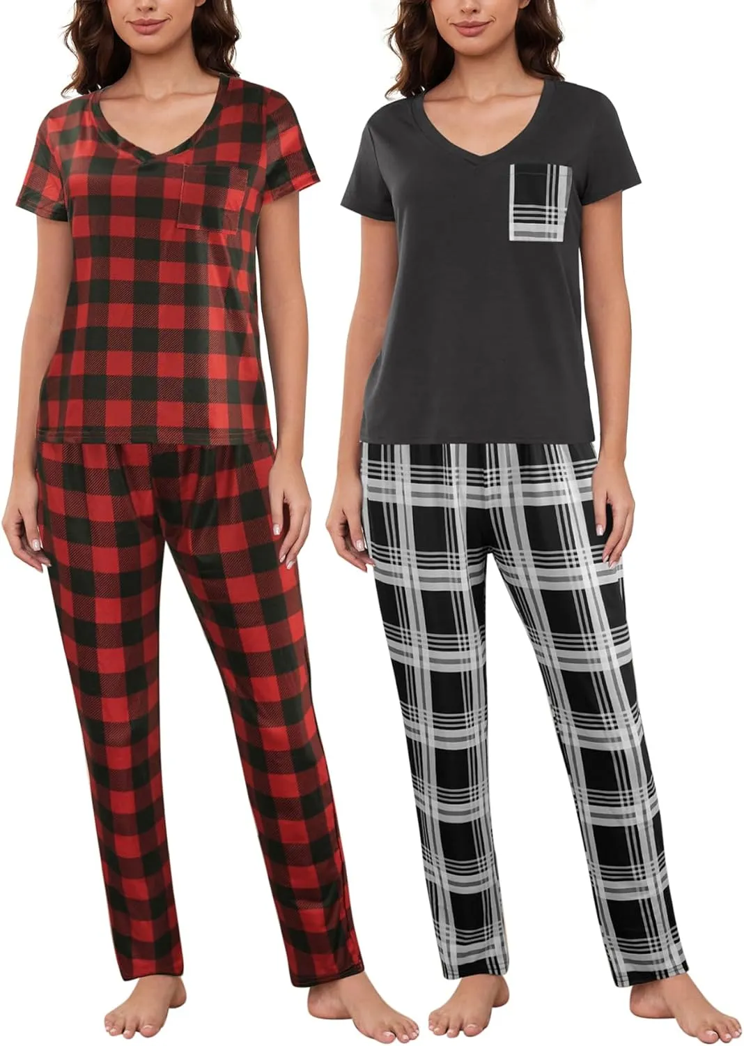 HONG HUI 2 Pack Womens Pajama Sets Short Sleeve with Long Pajama Pant Set Soft Sleepwear Printed Pj Lounge Sets S-XXXL