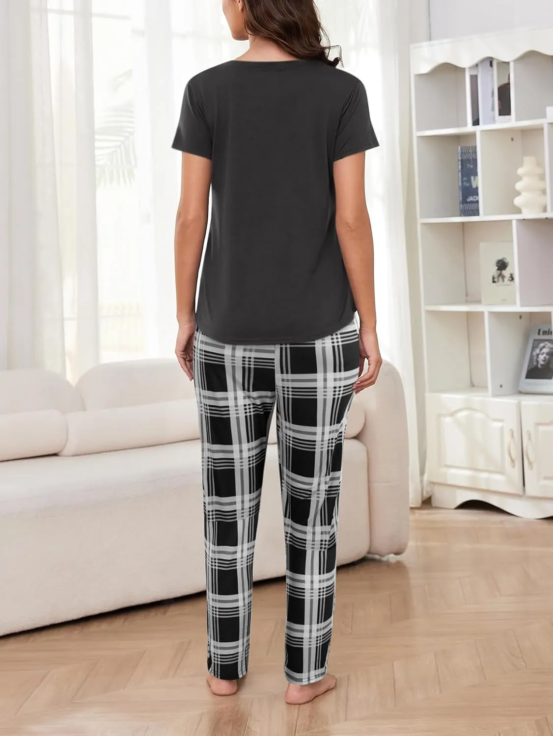 HONG HUI 2 Pack Womens Pajama Sets Short Sleeve with Long Pajama Pant Set Soft Sleepwear Printed Pj Lounge Sets S-XXXL