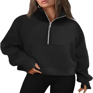 Hooded Sweatshirt Women Half Zip Oversized Sweatshirts Fleece Long Sleeve Solid Color Pullover