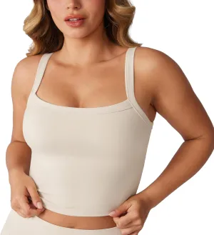Hugcurve Adjustable Longline Sports Bra Square Neck Workout Tank Crop Tops for Women with Built in Bra Padded Camisole