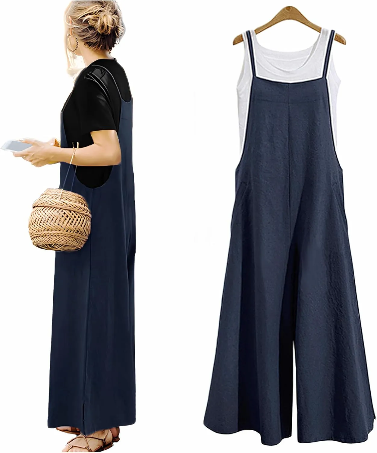 IMAYONDIA Women's Jumpsuits Casual Long Rompers Wide Leg Baggy Bibs Overalls Pants S-5XL