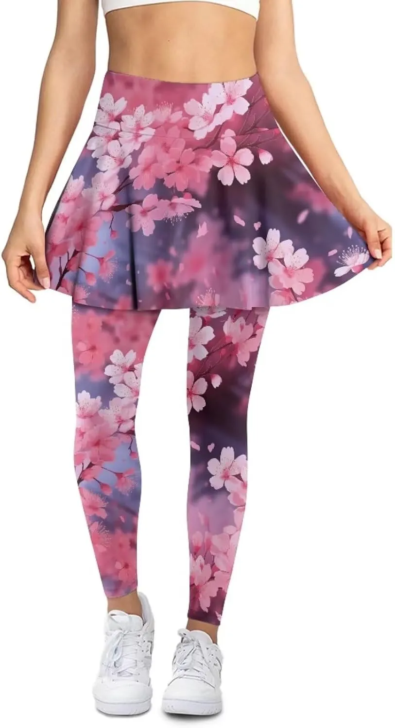 Irisjudy Women Yoga Pants Leggings with Skirt Sunflower Music Note Tennis Golf Skirted Legging Hawaii Style High Waist Tights
