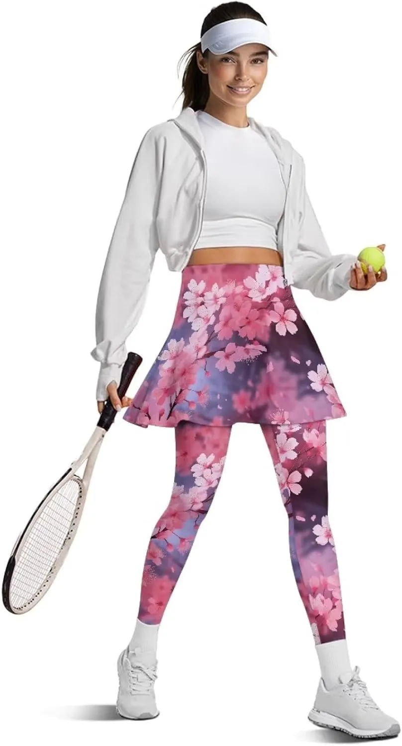 Irisjudy Women Yoga Pants Leggings with Skirt Sunflower Music Note Tennis Golf Skirted Legging Hawaii Style High Waist Tights