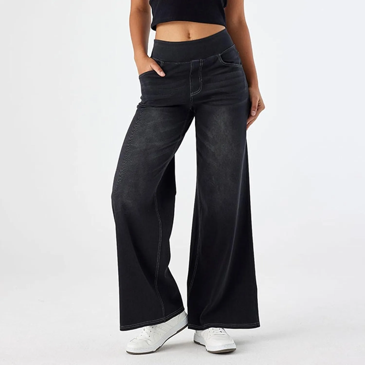 Jeans for Women 2025 New Pull On Wide Leg High Waist Stretchy Denim Pants Straight Tummy Control Loose Baggy Trendy Trousers