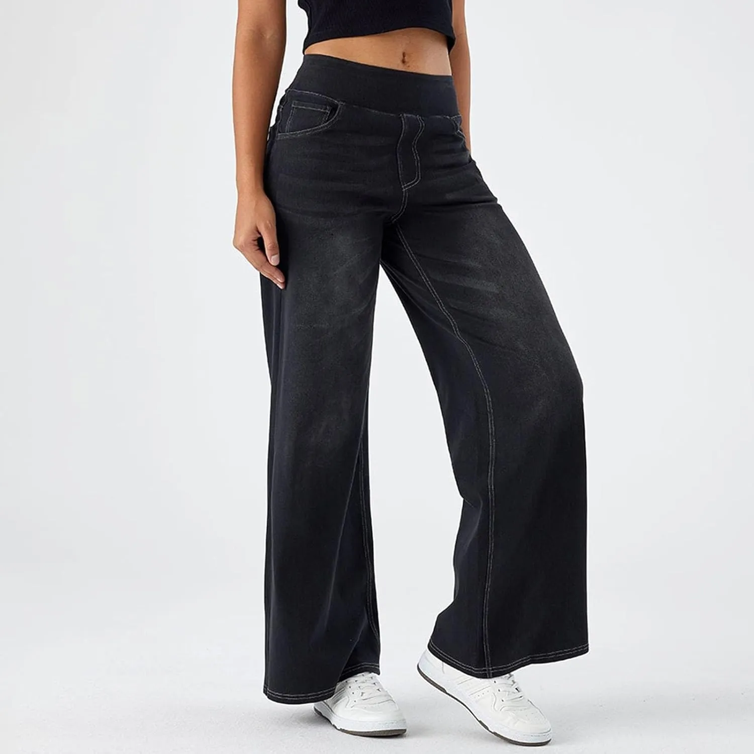 Jeans for Women 2025 New Pull On Wide Leg High Waist Stretchy Denim Pants Straight Tummy Control Loose Baggy Trendy Trousers