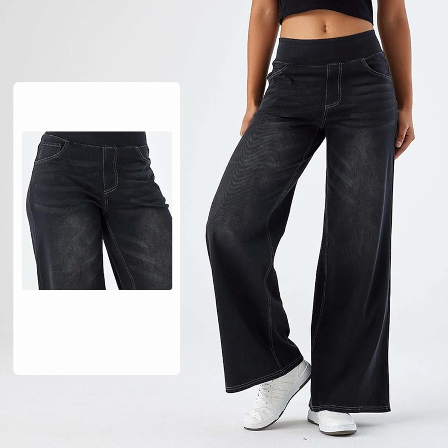 Jeans for Women 2025 New Pull On Wide Leg High Waist Stretchy Denim Pants Straight Tummy Control Loose Baggy Trendy Trousers