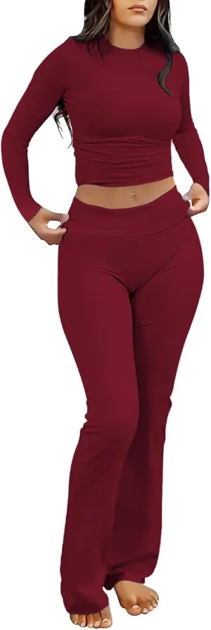 kaimimei Women's 2 Piece Lounge Outfits Slim Long Sleeve Tops High Waist Foldover Flare Leggings Sets Casual Yoga Sweatsuit