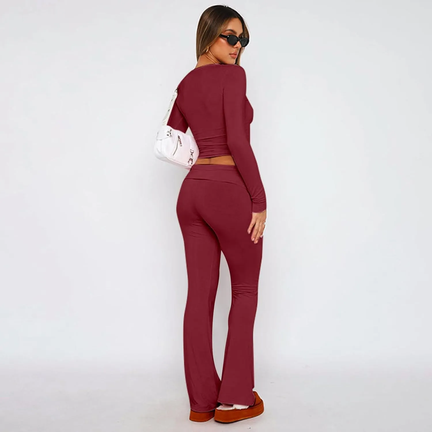 kaimimei Women's 2 Piece Lounge Outfits Slim Long Sleeve Tops High Waist Foldover Flare Leggings Sets Casual Yoga Sweatsuit