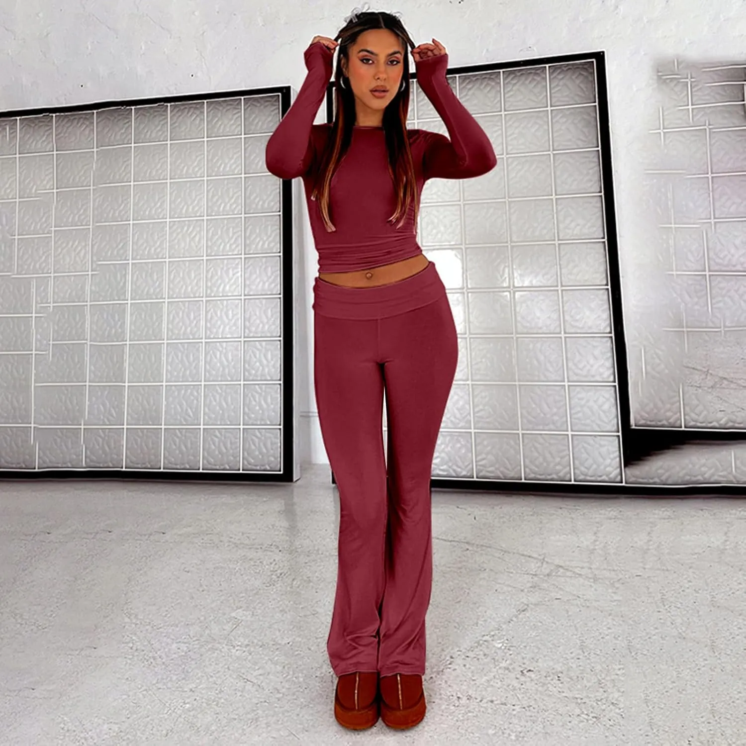 kaimimei Women's 2 Piece Lounge Outfits Slim Long Sleeve Tops High Waist Foldover Flare Leggings Sets Casual Yoga Sweatsuit