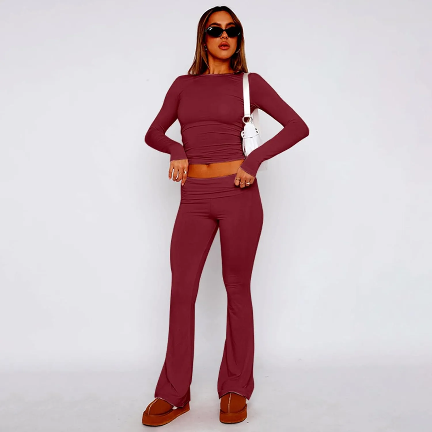 kaimimei Women's 2 Piece Lounge Outfits Slim Long Sleeve Tops High Waist Foldover Flare Leggings Sets Casual Yoga Sweatsuit