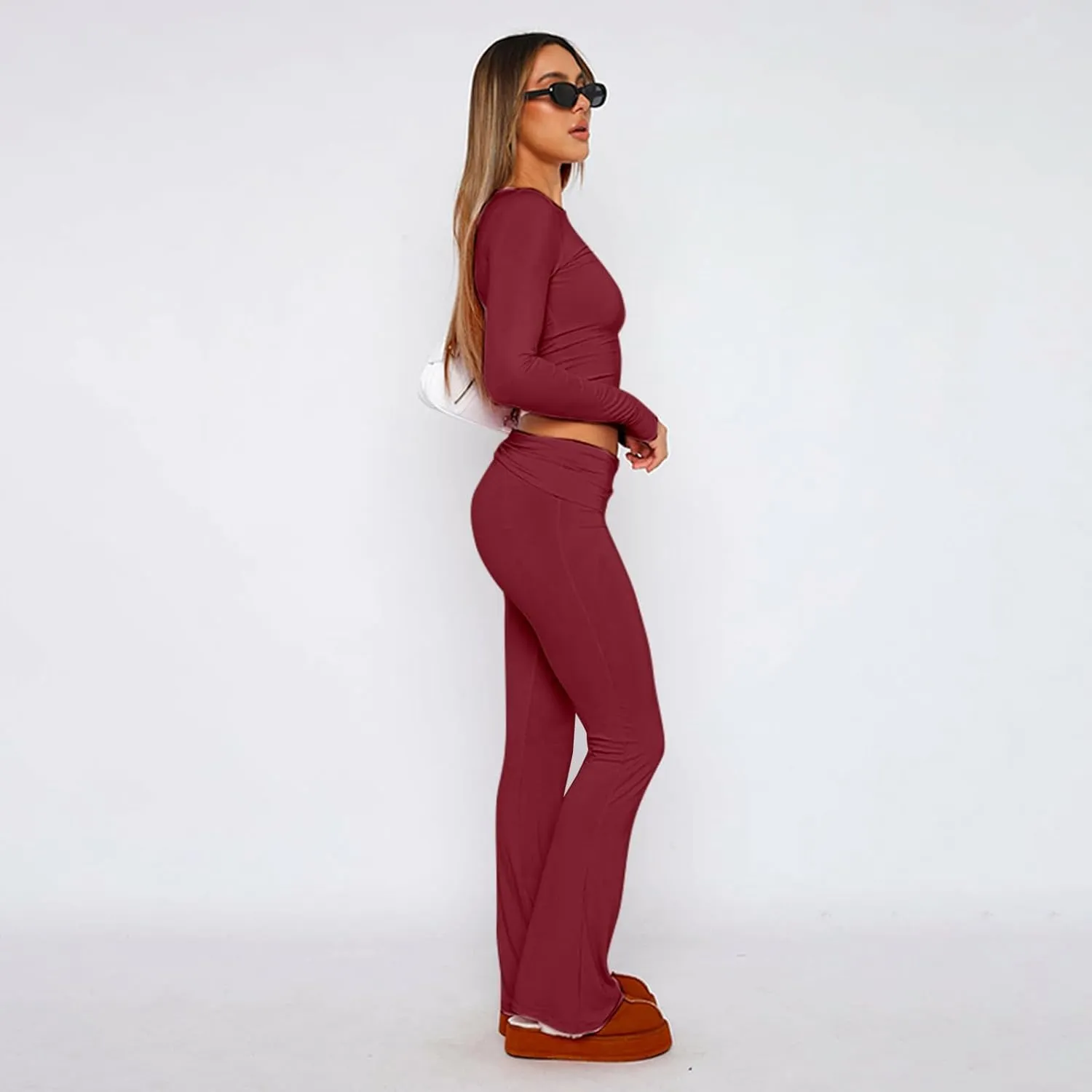 kaimimei Women's 2 Piece Lounge Outfits Slim Long Sleeve Tops High Waist Foldover Flare Leggings Sets Casual Yoga Sweatsuit
