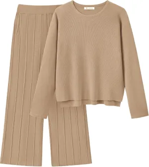 KIRUNDO Women's Fall 2 Piece Sweater Set Long Sleeve Knit Pullover Tops High Waist Pleated Wide Leg Pants Lounge Sets