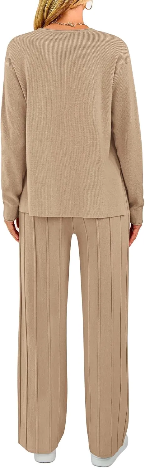 KIRUNDO Women's Fall 2 Piece Sweater Set Long Sleeve Knit Pullover Tops High Waist Pleated Wide Leg Pants Lounge Sets