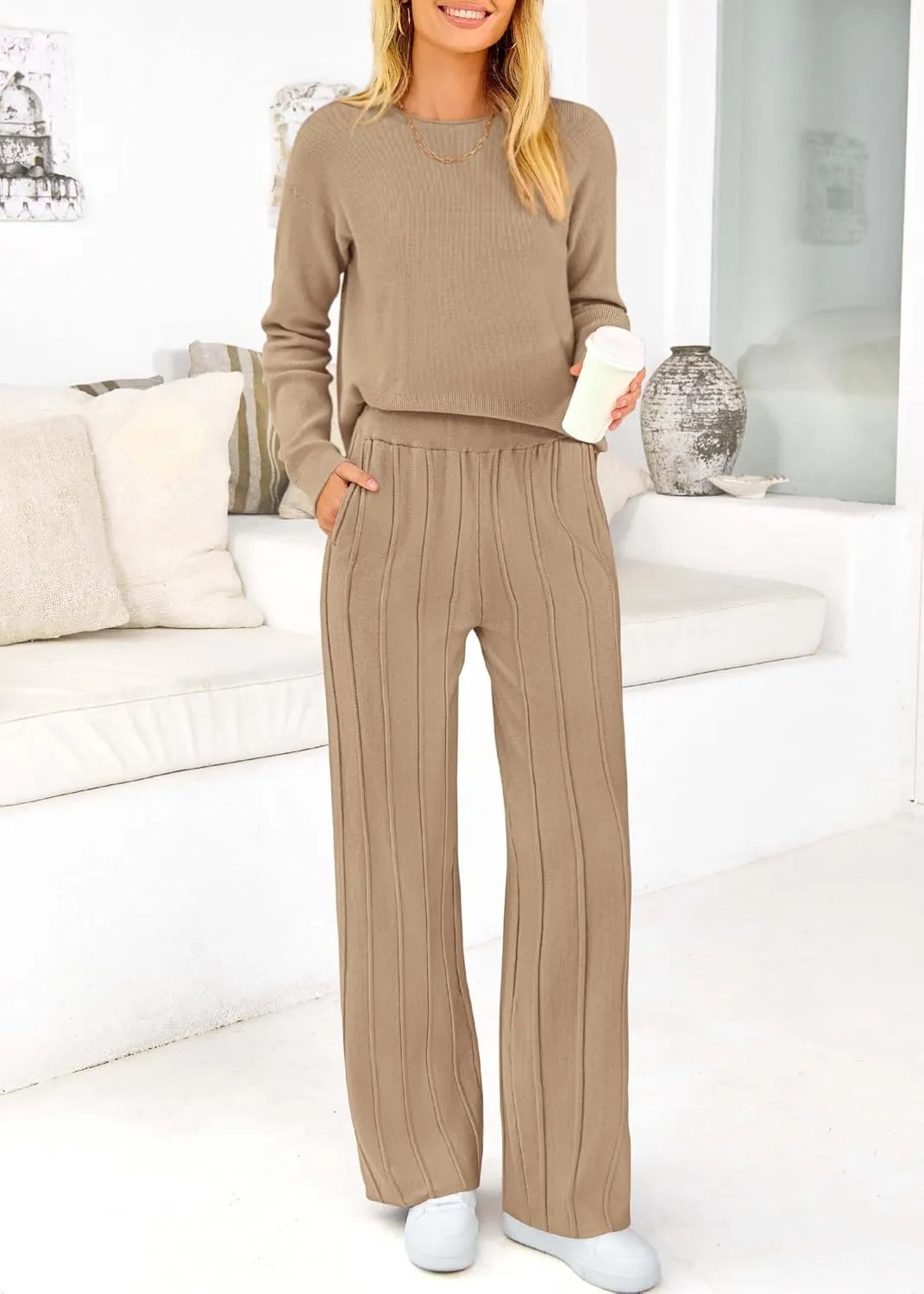 KIRUNDO Women's Fall 2 Piece Sweater Set Long Sleeve Knit Pullover Tops High Waist Pleated Wide Leg Pants Lounge Sets