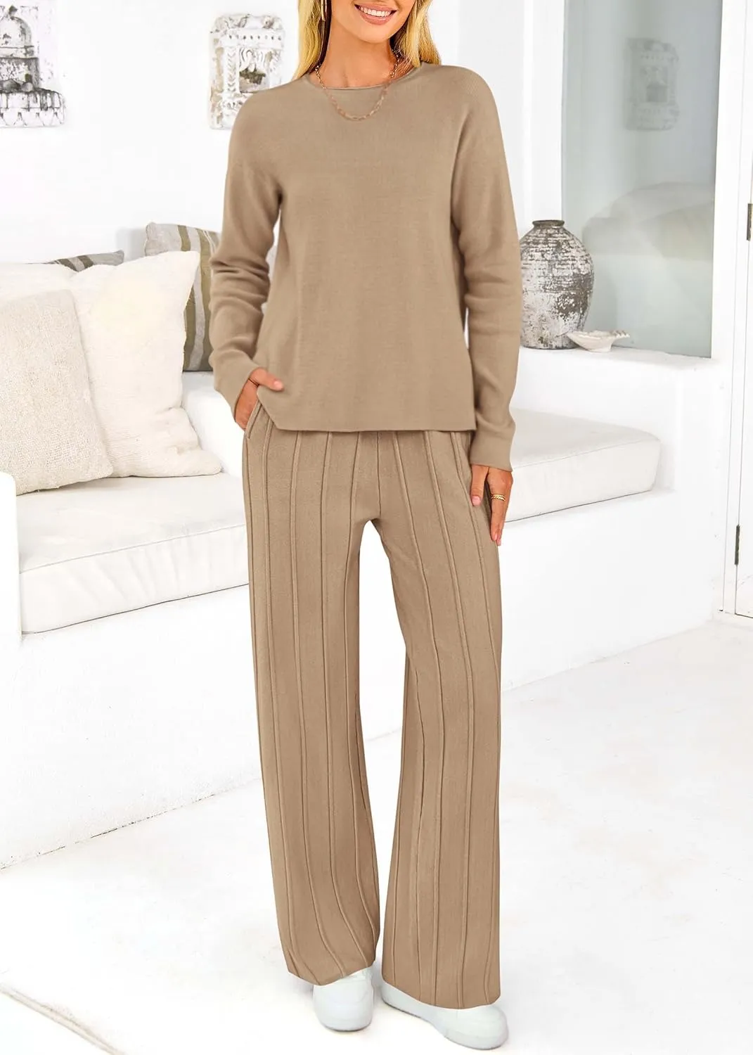 KIRUNDO Women's Fall 2 Piece Sweater Set Long Sleeve Knit Pullover Tops High Waist Pleated Wide Leg Pants Lounge Sets