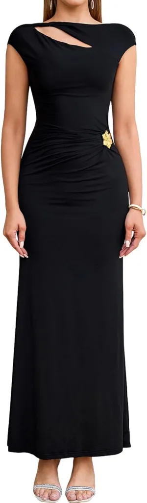 KUTUMAI Women Ruched Bodycon Maxi Dress Elegant Cutout Cap Sleeve Long Formal Cocktail Party Wedding Guest Dresses