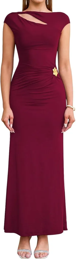 KUTUMAI Women Ruched Bodycon Maxi Dress Elegant Cutout Cap Sleeve Long Formal Cocktail Party Wedding Guest Dresses