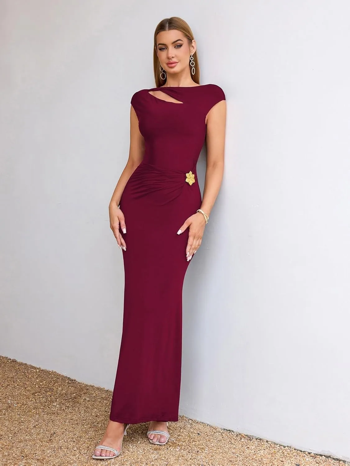 KUTUMAI Women Ruched Bodycon Maxi Dress Elegant Cutout Cap Sleeve Long Formal Cocktail Party Wedding Guest Dresses