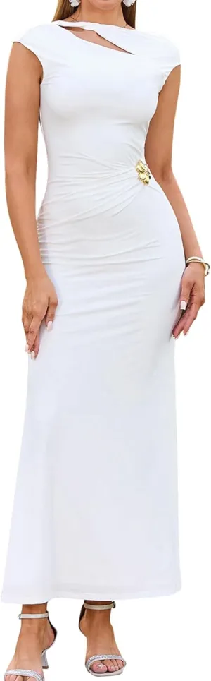 KUTUMAI Women Ruched Bodycon Maxi Dress Elegant Cutout Cap Sleeve Long Formal Cocktail Party Wedding Guest Dresses