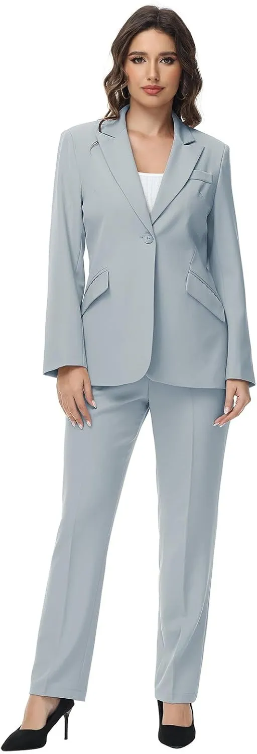 Lamgool Women Suit 2 Pieces Set One Button Lady's Business Formal Peak Lapel Blazer and Pants for Work