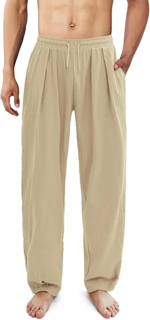 Linen Pants Women 2025 Summer Drawstring Elastic Waist Lightweight Palazzo Pants Baggy Comfy Vacation Trouser with Pockets