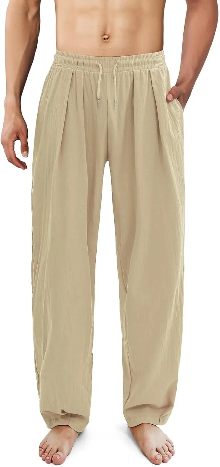 Linen Pants Women 2025 Summer Drawstring Elastic Waist Lightweight Palazzo Pants Baggy Comfy Vacation Trouser with Pockets