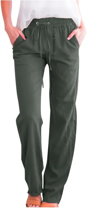 Linen Pants Women Casual Straight Leg Drawstring Elastic High Waist Pants Loose Palazzo Trousers with Pockets