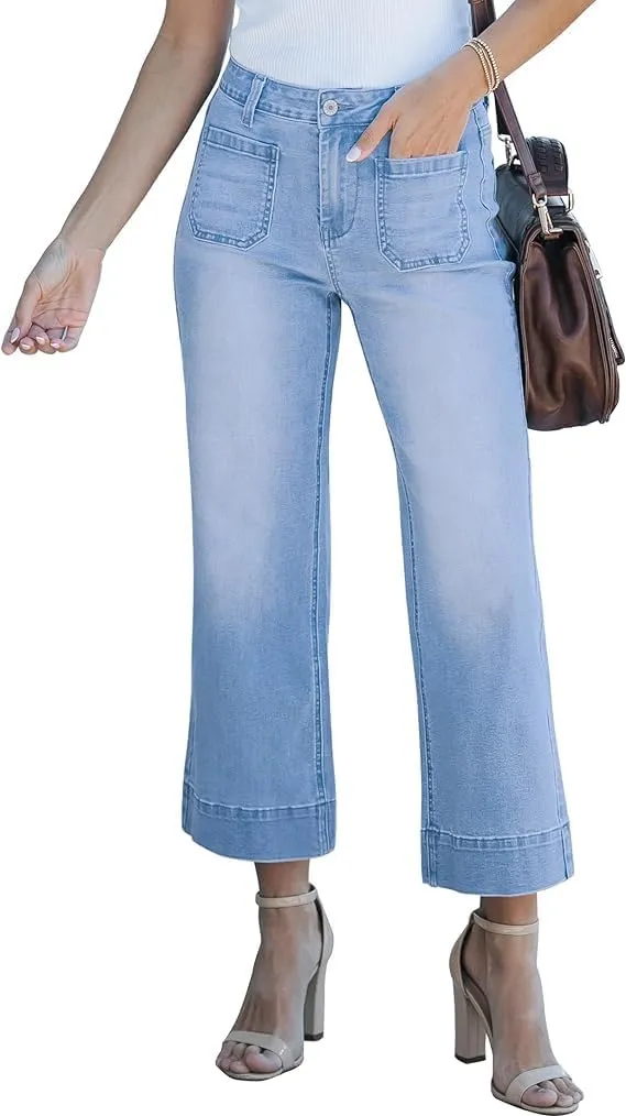 Lisskolo Women's Wide Leg Cropped Jeans Mid-Waisted Flare Straight Leg Crop Stretchy Denim Pants with Front Patchwork Pockets