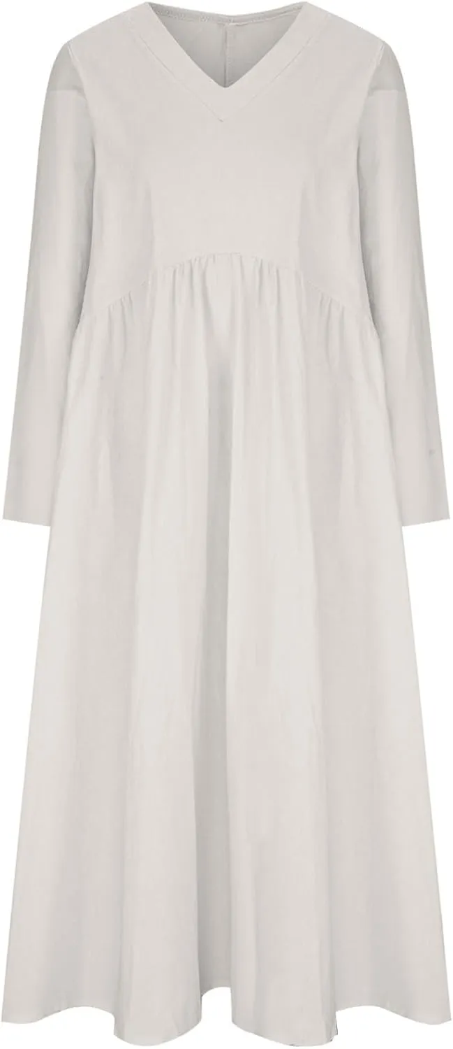 Long Sleeve Cotton Linen Dress Women Plus Size Babydoll Loose Maxi Dresses Casual V Neck A-Line Dress with Pockets