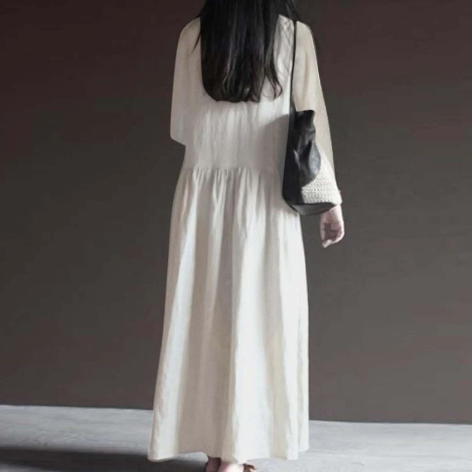 Long Sleeve Cotton Linen Dress Women Plus Size Babydoll Loose Maxi Dresses Casual V Neck A-Line Dress with Pockets