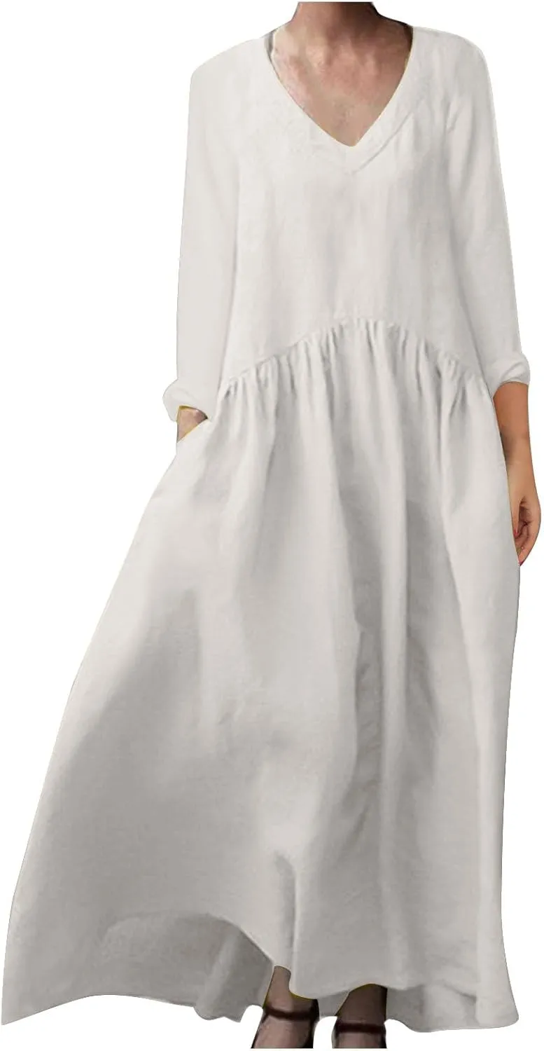 Long Sleeve Cotton Linen Dress Women Plus Size Babydoll Loose Maxi Dresses Casual V Neck A-Line Dress with Pockets