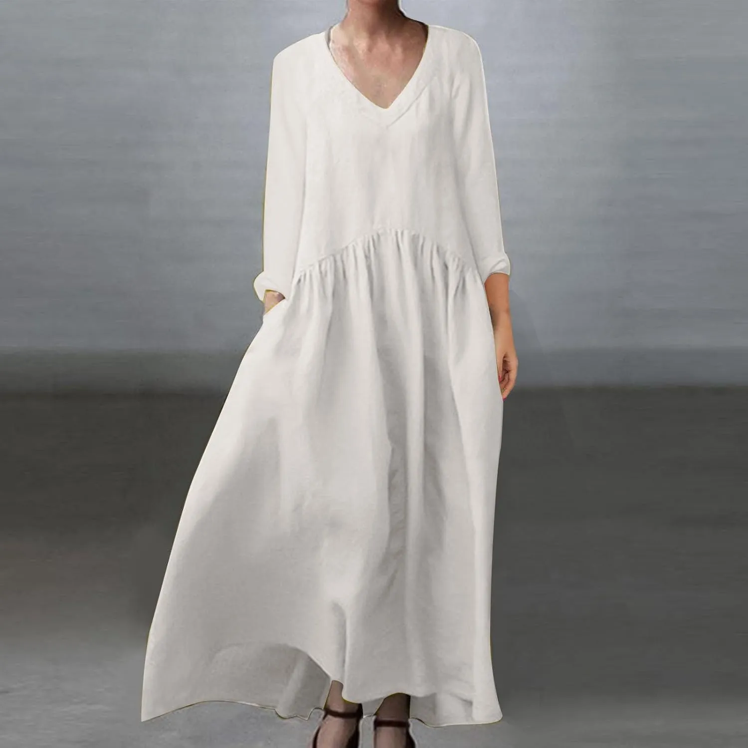 Long Sleeve Cotton Linen Dress Women Plus Size Babydoll Loose Maxi Dresses Casual V Neck A-Line Dress with Pockets