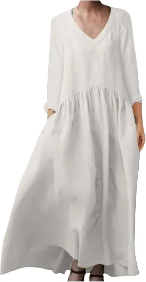 Long Sleeve Cotton Linen Dress Women Plus Size Babydoll Loose Maxi Dresses Casual V Neck A-Line Dress with Pockets