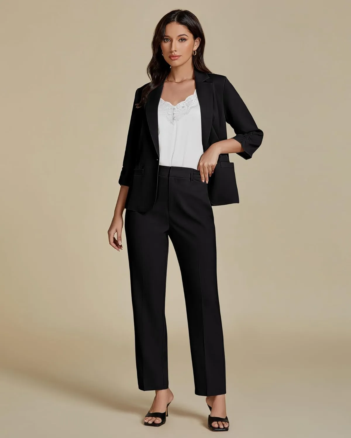 luvamia Pant Suits for Women Dressy 2 Piece Business Casual Outfits 3/4 Sleeve Blazer Straight Leg Pant Sets Office Work