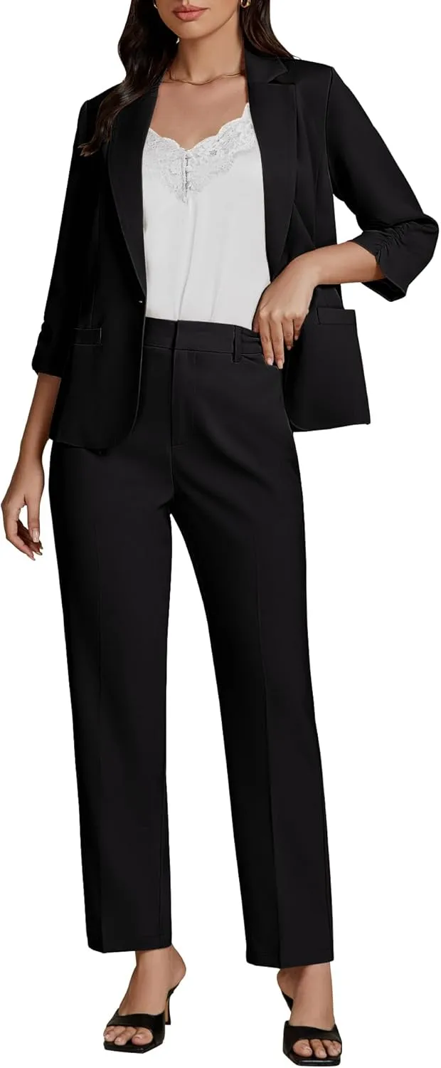 luvamia Pant Suits for Women Dressy 2 Piece Business Casual Outfits 3/4 Sleeve Blazer Straight Leg Pant Sets Office Work