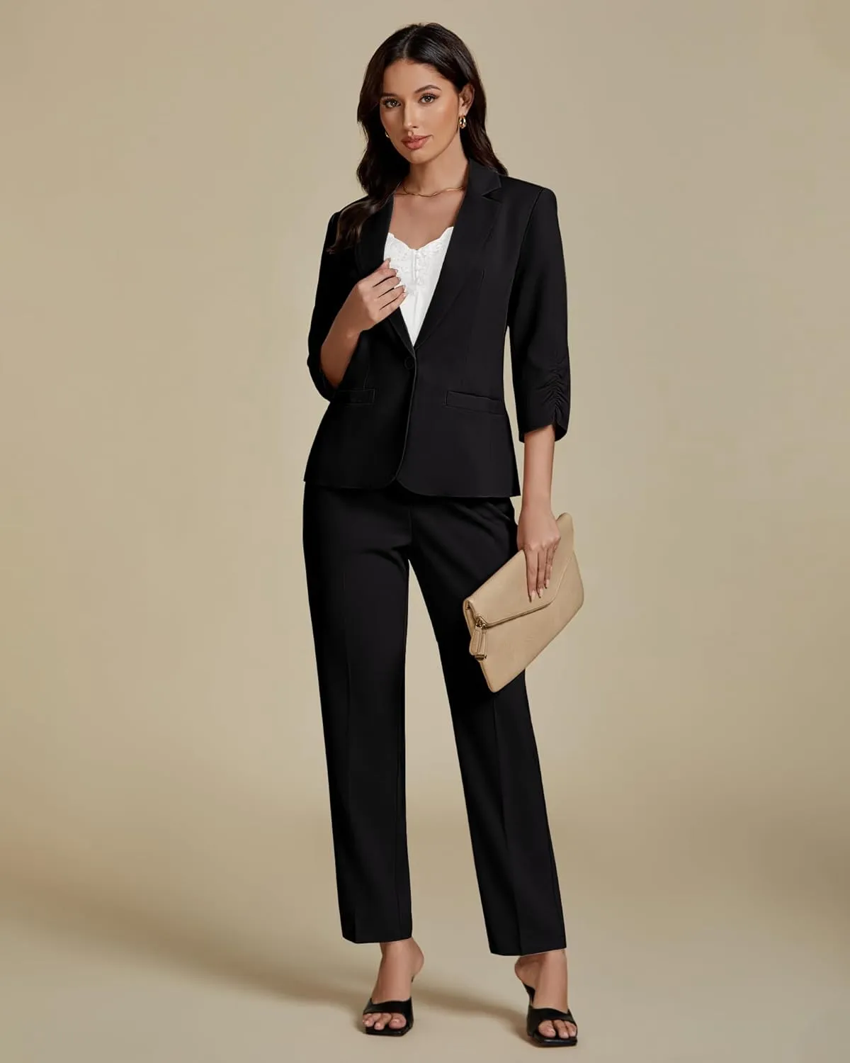 luvamia Pant Suits for Women Dressy 2 Piece Business Casual Outfits 3/4 Sleeve Blazer Straight Leg Pant Sets Office Work