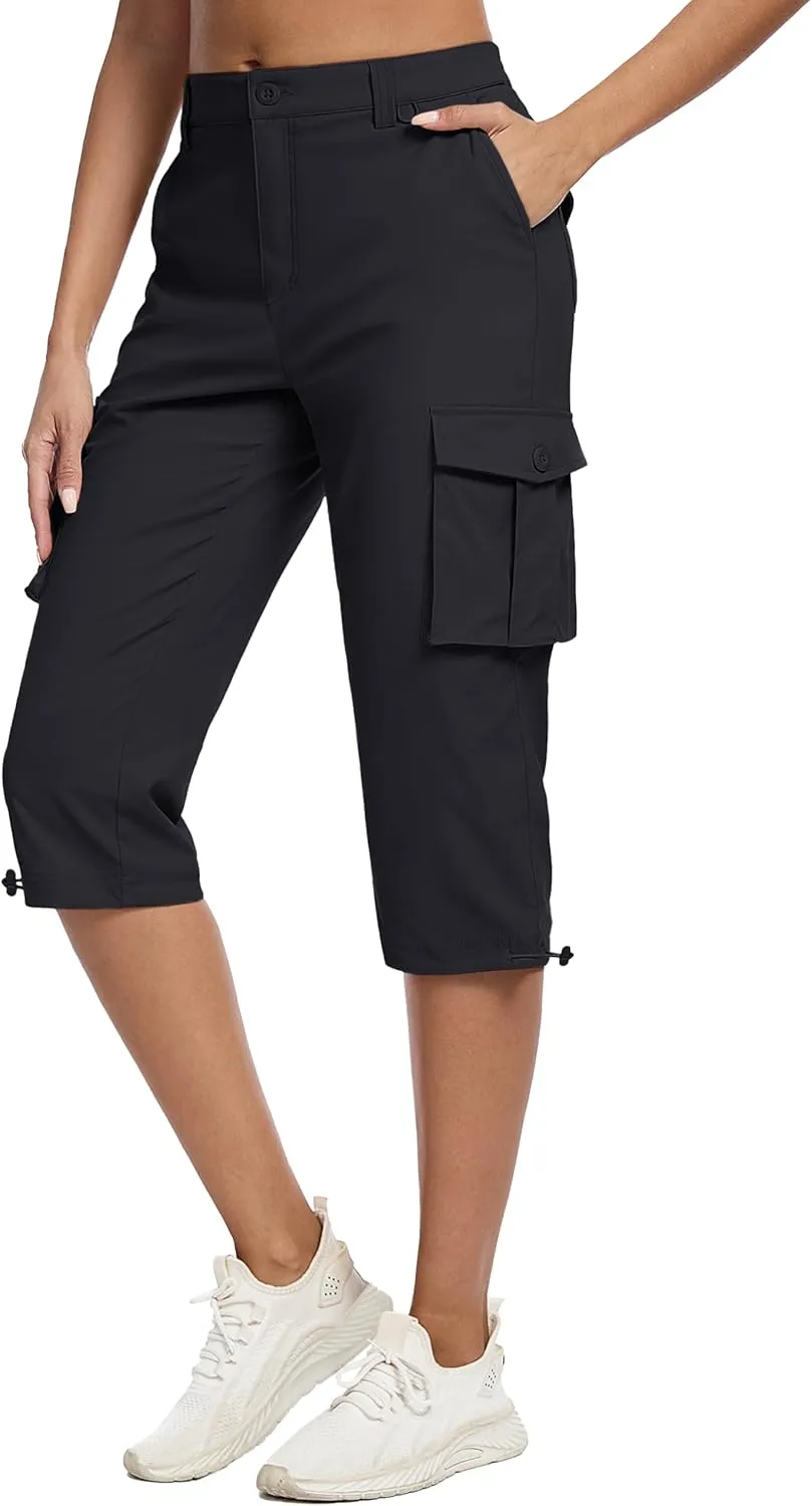MAGCOMSEN Women's Cargo Capris Pants with 6 Pockets Lightweight Water Resistant Hiking Travel Pants Summer Casual