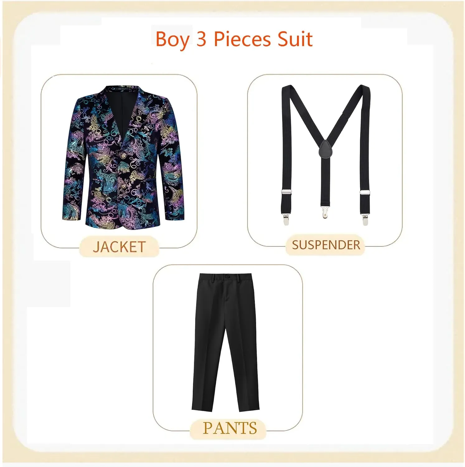 MAGE MALE Boys 3 Pieces Suit Colour Jacquard Slim Fit Jacket Pants Set for Wedding Prom Party Tuxedo with Kids Suspenders