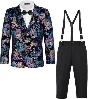 MAGE MALE Boys 3 Pieces Suit Colour Jacquard Slim Fit Jacket Pants Set for Wedding Prom Party Tuxedo with Kids Suspenders