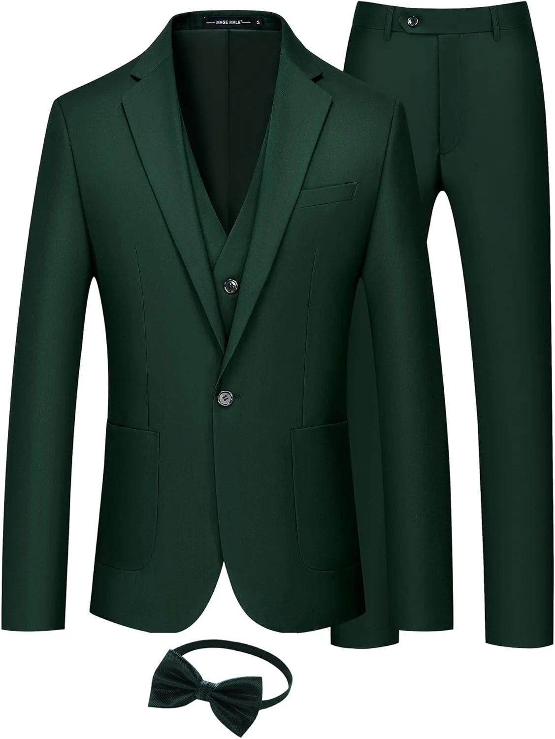 MAGE MALE Mens Tuxedo Suit Set 3 Piece Slim Fit Suits Wedding Prom Suits Patch Pockets Blazer Vest Pants Set with Bow Tie