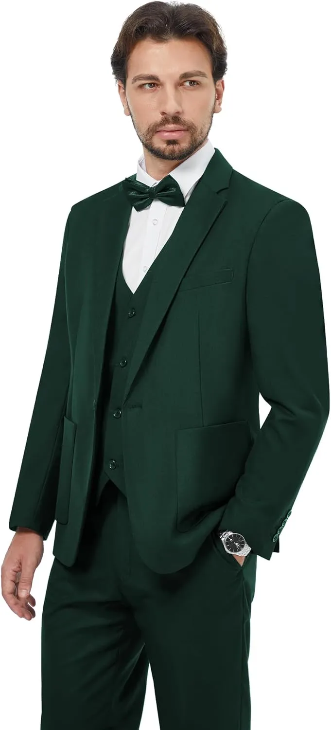 MAGE MALE Mens Tuxedo Suit Set 3 Piece Slim Fit Suits Wedding Prom Suits Patch Pockets Blazer Vest Pants Set with Bow Tie