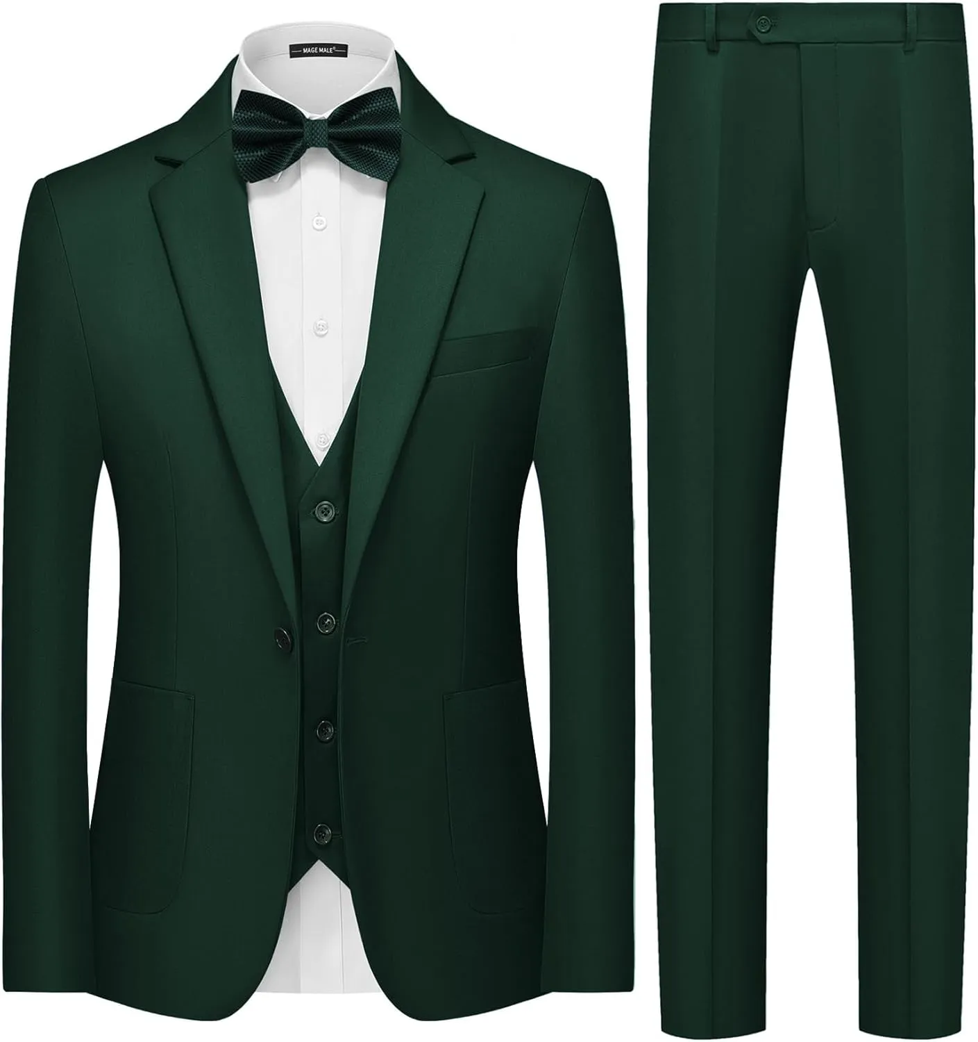 MAGE MALE Mens Tuxedo Suit Set 3 Piece Slim Fit Suits Wedding Prom Suits Patch Pockets Blazer Vest Pants Set with Bow Tie