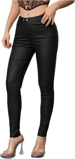 MakeMeChic Women's Faux Leather Stretch Skinny Pants High Waisted Double Button PU Leather Leggings Pants
