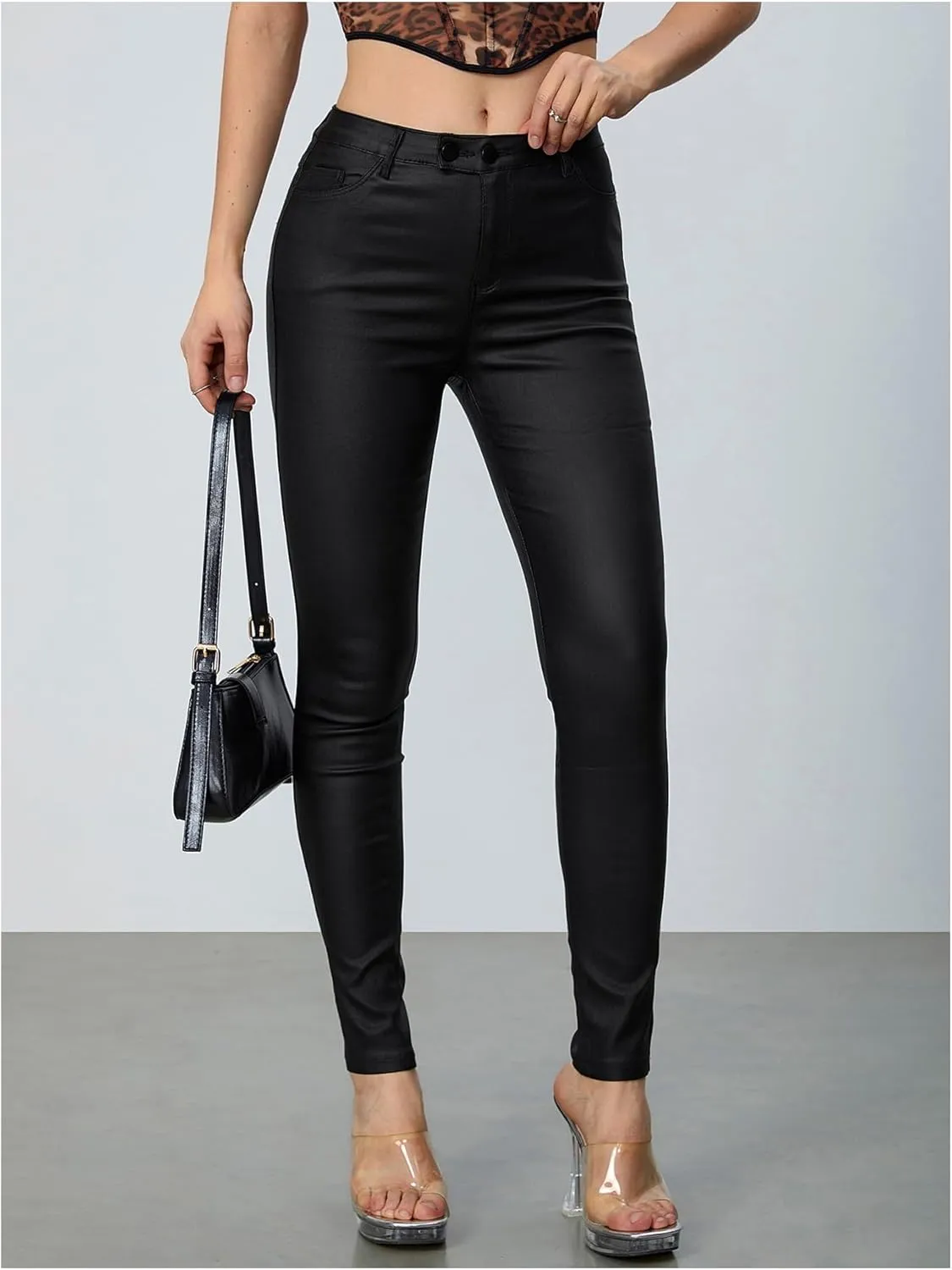 MakeMeChic Women's Faux Leather Stretch Skinny Pants High Waisted Double Button PU Leather Leggings Pants