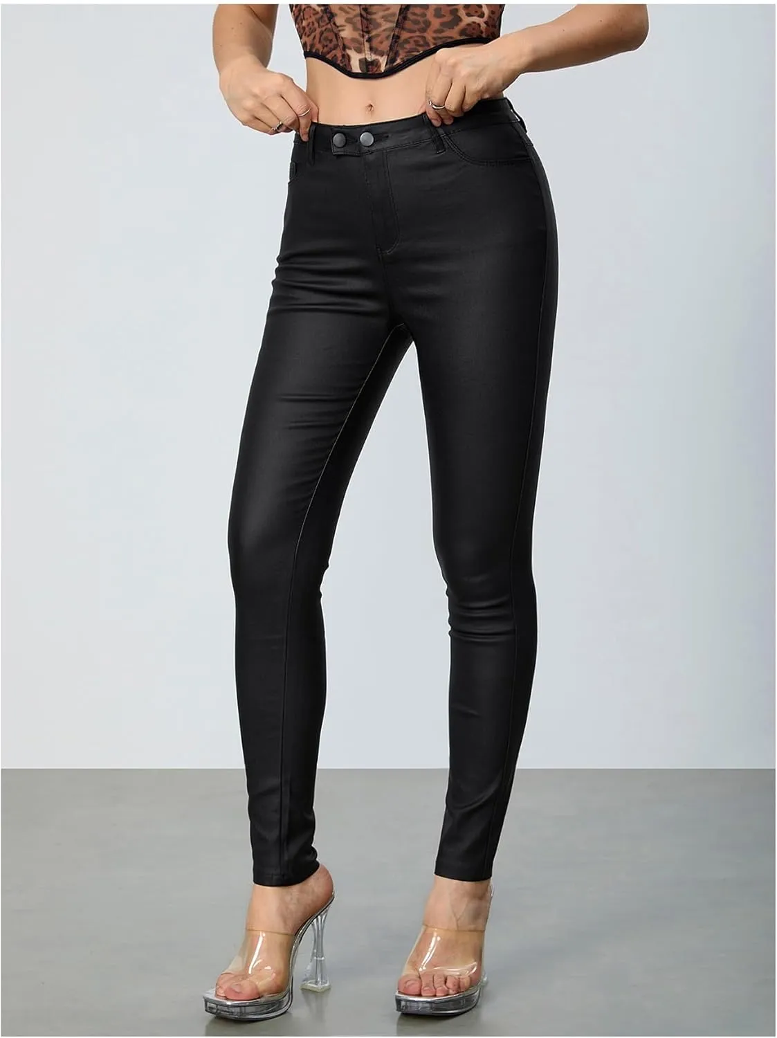 MakeMeChic Women's Faux Leather Stretch Skinny Pants High Waisted Double Button PU Leather Leggings Pants